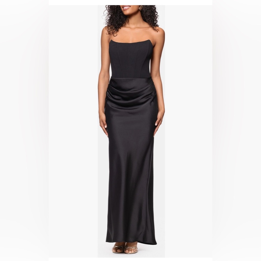 Betsy & Adam Strapless Black Satin Gown